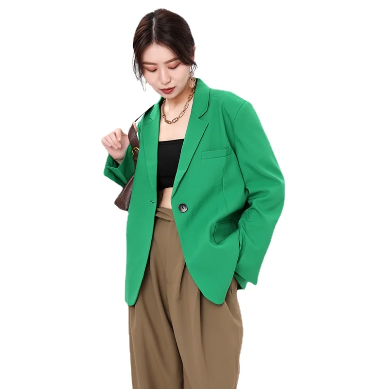 

Womens Single Button Green Oversize Blazers Women Elegant New Lapel Long Sleeve Loose Fit Jackets Fashion Spring Autumn 2021