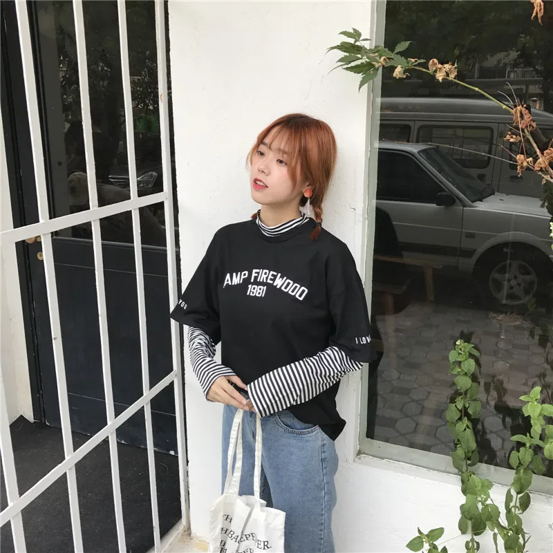 Women's T-shirts Tunic Kawaii Ladies Vintages Triped Long Sleeve T-shirt Female Ulzzang Harajuku Tee For Women Casual Top