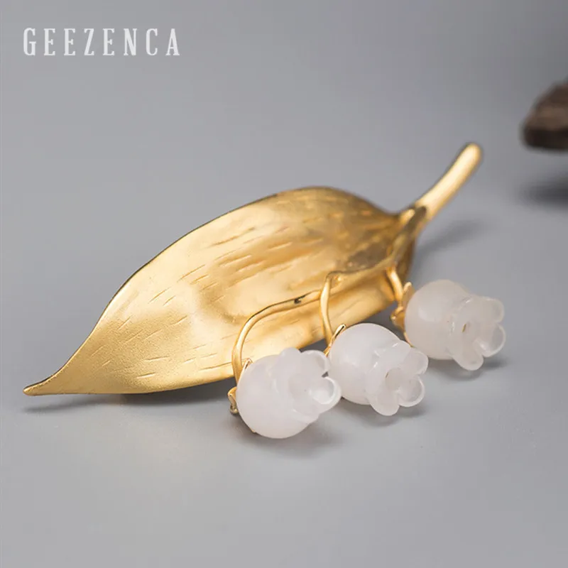 Женская брошь ручной работы из серебра 925 пробы с золотым листом и белым нефритом