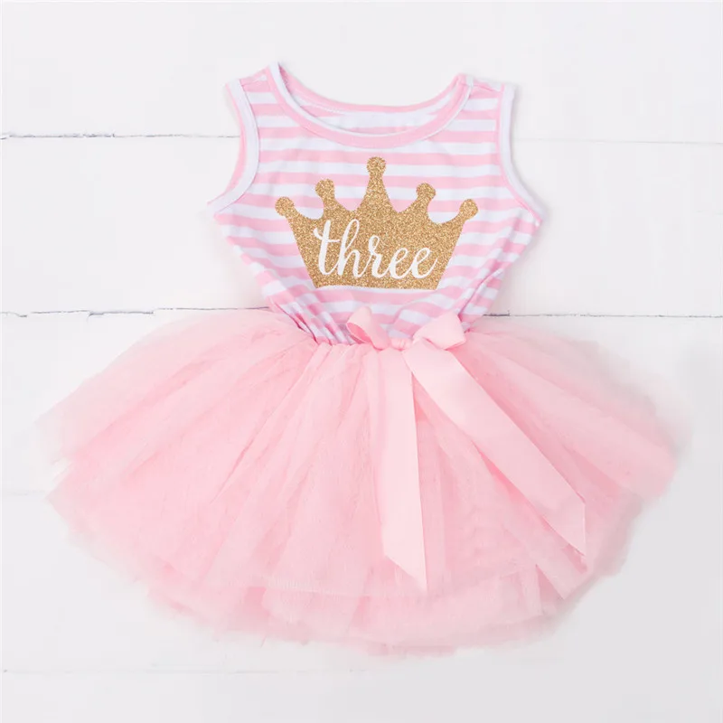 Pink Crown На 1 год праздничное платье для маленьких девочек-именинниц удобные наряды для фотосессии и юбкой-пачкой, комплекты одежды Детская летняя одежда для девочек - Цвет: Pink Crown