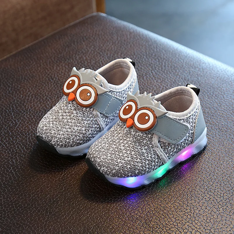

2021 Boys Girls Casual Shoes With Flash LED Toddler Baby Children's Breathable Running Sport Shoes Cartoon Owl Glowing Sneakers