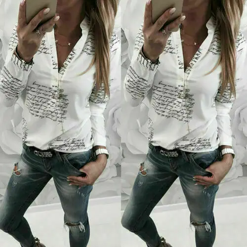 Autumn Blouse Shirt Women's Casual Classical English Alphabet Print V Neck Long Sleeve Tops Office Work Plus Size | Женская одежда