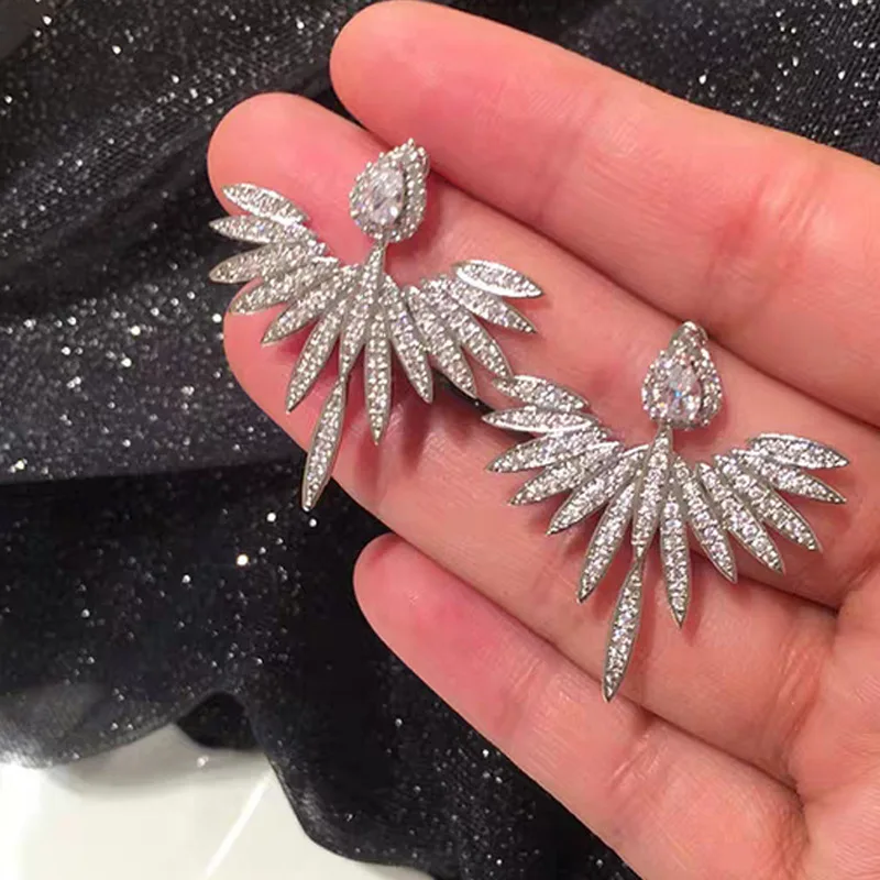 S925 Серебряные серьги-гвоздики с двойной стороной, необычные серьги с крыльями, цирконием, CZ серьги для женщин, модные ювелирные изделия