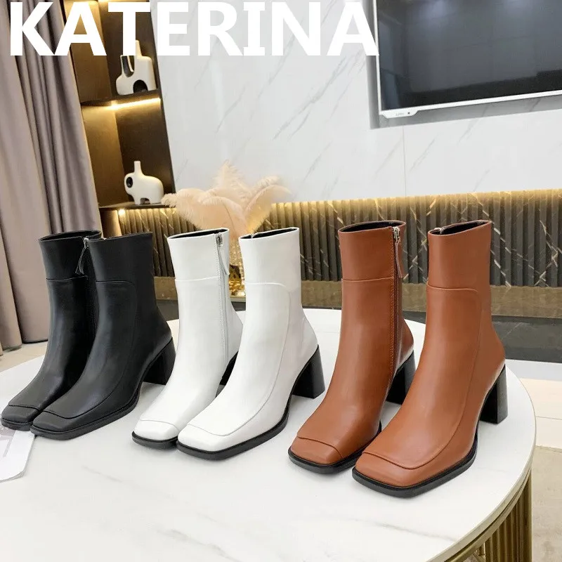 

New Design 2021 Fashion Autumn Winter Warm Ankle Boots Shoes Chunky Med Heels Square Toe Black White Dress Casual Boots Side Zip