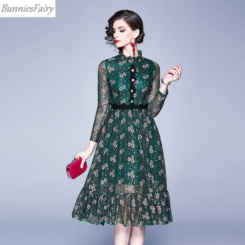BunniesFairy 2019 осеннее женское винтажное элегантное кружевное платье с длинным
