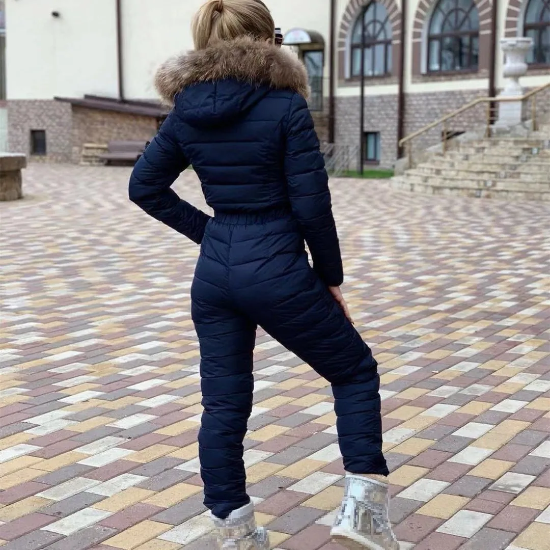 Новинка, зимний комбинезон с капюшоном, парка, элегантный, с хлопковой подкладкой, теплый, с поясом, лыжный костюм, прямой, на молнии, цельный, женский, Повседневный, Спортивный костюм