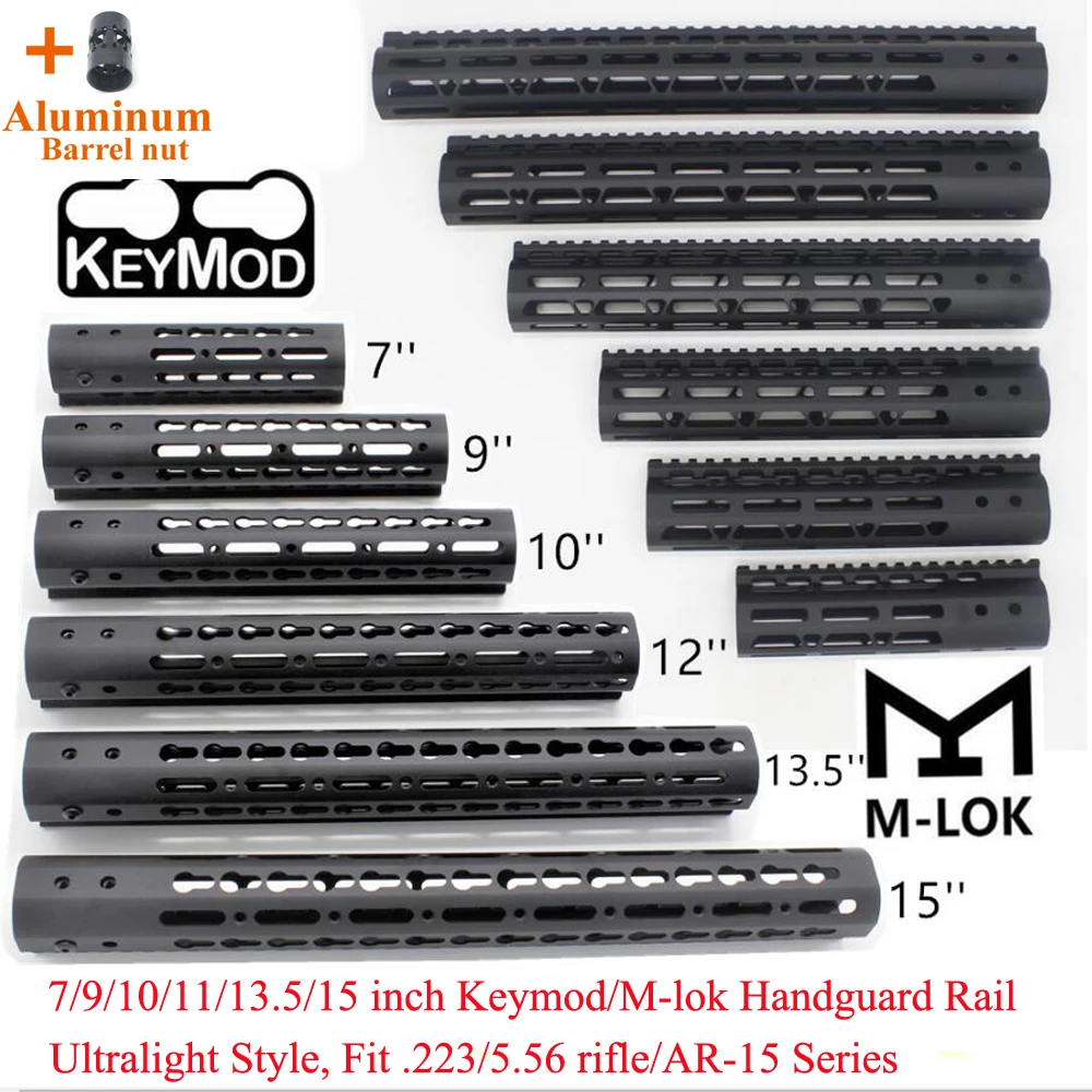 

TriRock 7/9/10/12/13.5/15 inch Ultralight Keymod/M-lok Handguard Rail Fit .223/5.56/AR-15 Series with Aluminum Barrel Nut Black