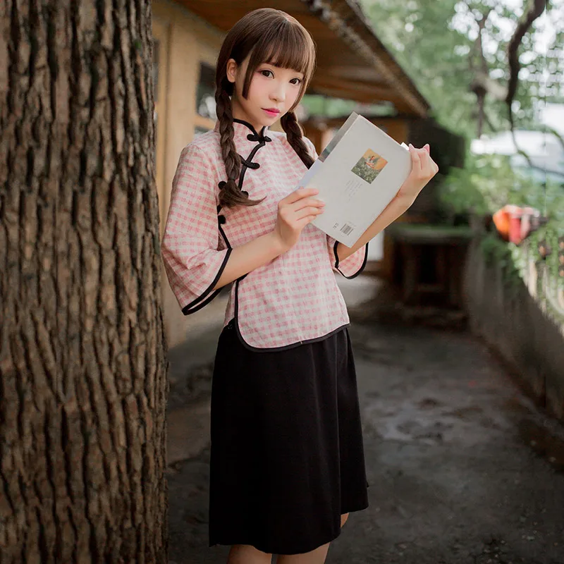 Сексуальное нижнее белье для девушек клетчатая рубашка в китайском стиле с