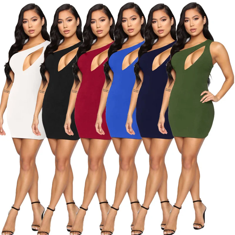 

Dresses Summer 2021 Woman Inclined Shoulder Hollow Out Diagonal Collar Mini Dress Solid Color Tight Buttocks Backless Sexy Dress