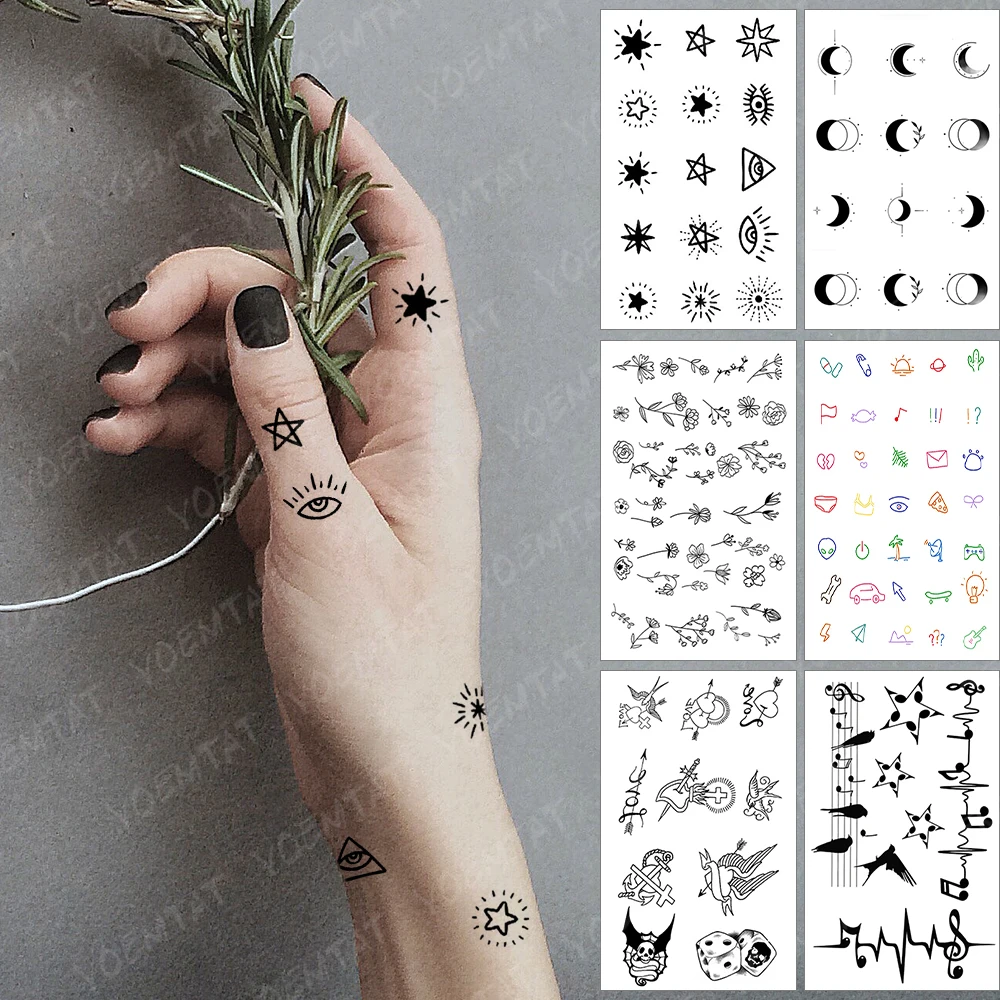

Waterproof Temporary Tattoo Sticker Small Star Sky Flash Tatoo Cute Flower Eye Sun Shine Wrist Fake Tatto For Body Art Women Men