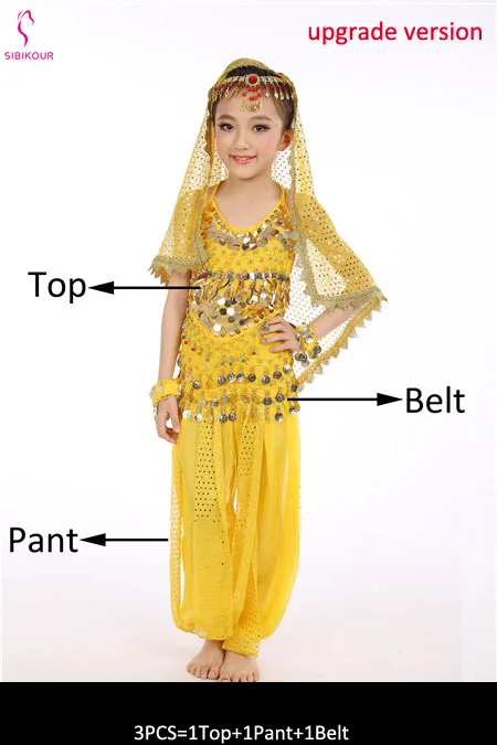 Yellow 3pcs 8 цветов детский набор костюма для танца живота Восточные Танцевальные костюмы для девочек Египетский Болливуд индийский танец живота одежда - Цвет: Yellow 3pcs
