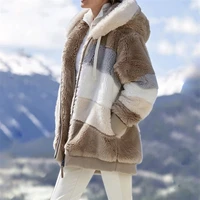 winter women jacket warm plush casual loose hooded coat mixed color patchwork winter outwear faux fur zipper ladies parka coat