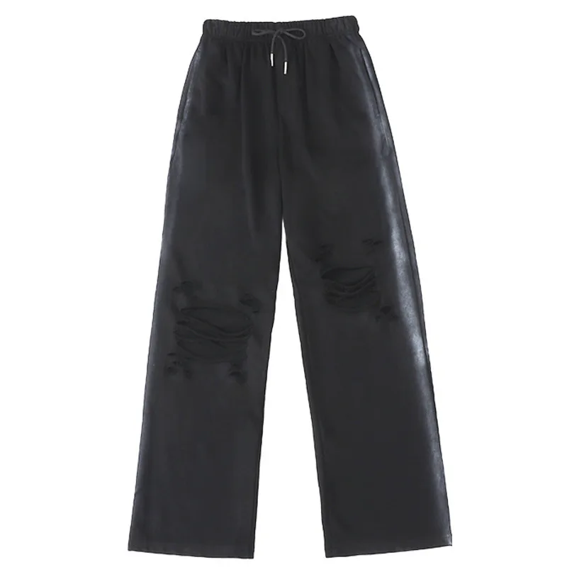 

Vefadisa Black Gray Casual Women Hole Pants 2021 Spring Summer Side Stripe Straight Pants Drawstring Full Length Pants QYF5279