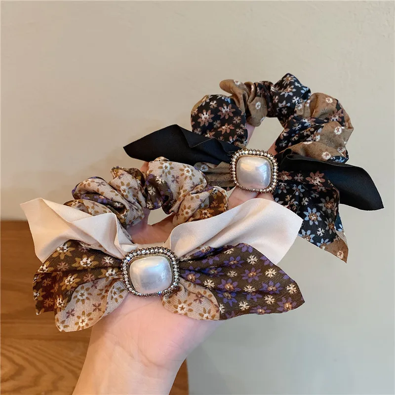 

Резинки для волос в стиле барокко женские, эластичные заколки с жемчугом и цветочным принтом, аксессуар для волос в Корейском стиле