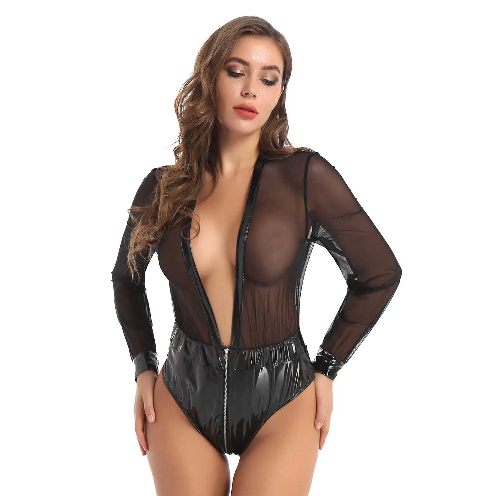 

Womens Lingerie Sheer Bodysuit Wet Look Leather Mesh Patchwork Plunging Deep V Neck Double-ended Hot Zipper Leotard Bodysuit