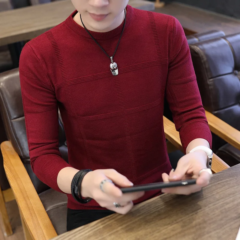 

2021 Men's Pure Color Jacquard All-match Pullover Base Sweater Youth round Neck Casual Thin Sweater