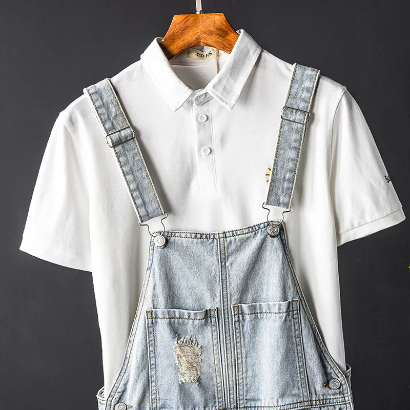 Men Denim Hole Bib Overalls Loose Fashion Hip Hop Streetwear Jumpsuit Light Blue Tattered Wide Leg Jeans Pants Freight Trousers