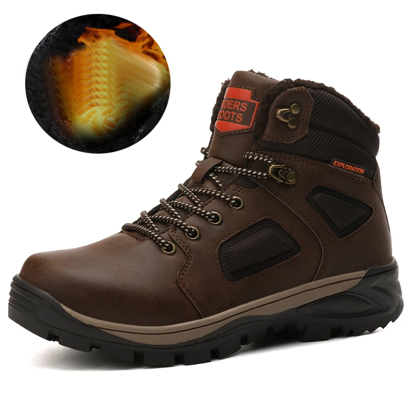 Мужские кожаные ботинки на меху коричневые водонепроницаемые платформе