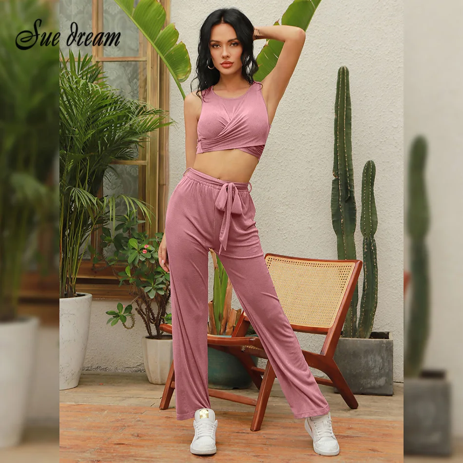 

2021 Новый Повседневный Спортивный комплект из 2 предметов, модный короткий жилет без рукавов и широкие штаны, комплект для занятий фитнесом и...