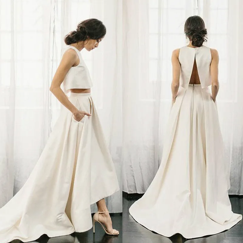 

JIERUIZE White Satin Two Pieces Summer Wedding Dresses Front Short Long Back Boho Bridal Wedding Gowns