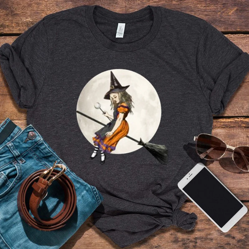 

Witch Flying on Broom Halloween Costume Graphic Tshirts Trick or Treat Shirt Halloween 2020 Funny Tops Aesthetic Harajuku New