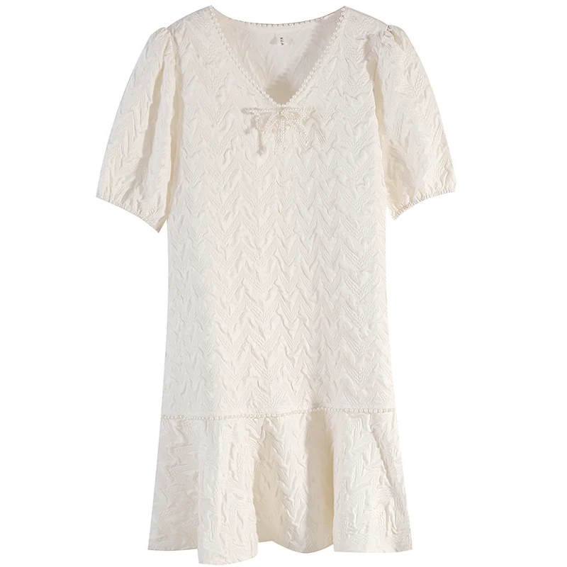 

Fitaylor New Summer Women Fashion V-neck Beading Short Sleeve Dress Elegant Lady Folds High Waist A-line Solid Color Short Dress