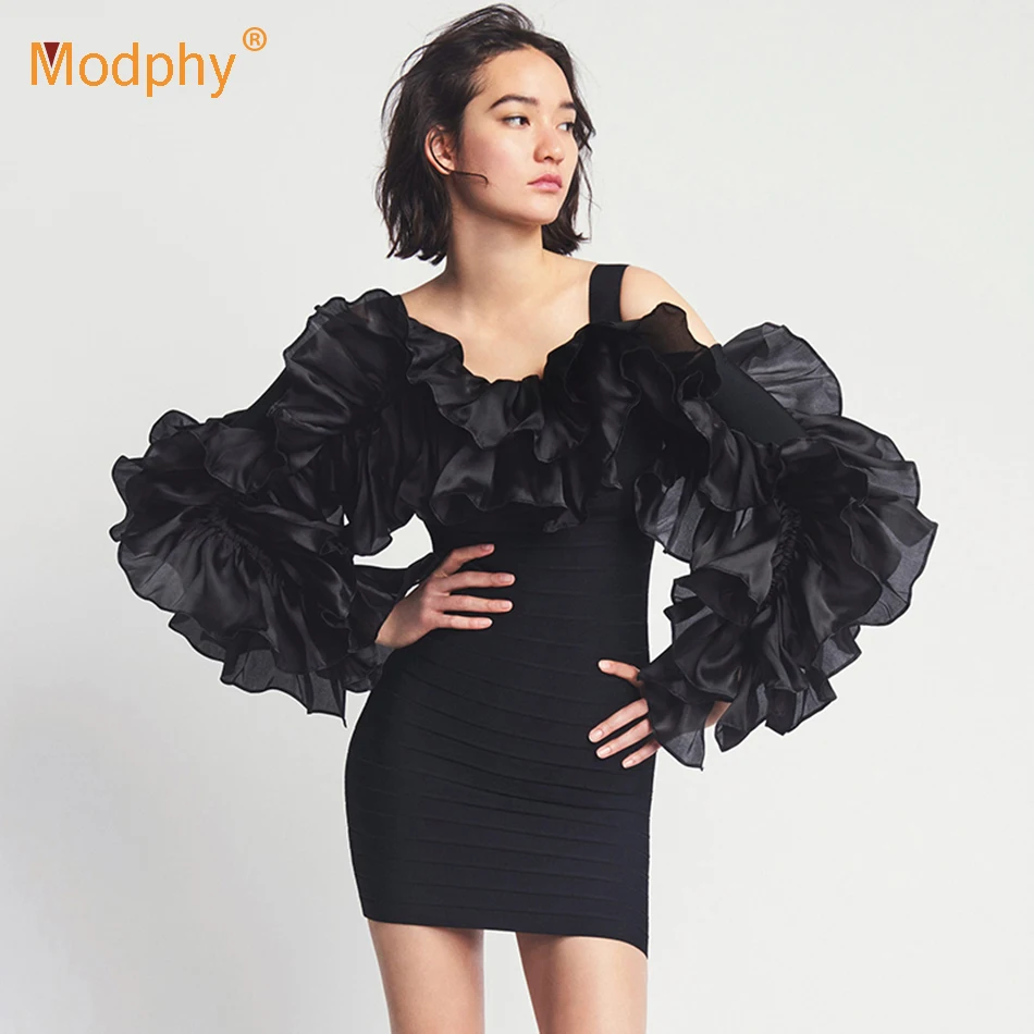 Женское облегающее платье с открытыми плечами Черное мини-платье длинным