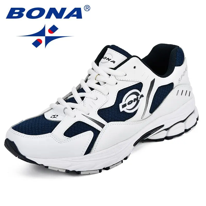 WHITE DEEP BLUE BONA Brand Sneakers Mesh Breathable Men Running Shoes Classical Fashion Outdoor Sport Shoes Male Low Tops Jogging Shoes - Цвет: WHITE DEEP BLUE