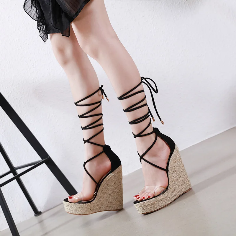 

Bohemian style 2019 new Roman lace up one line sandals hemp rope slope heel super high heel sandals women's shoes