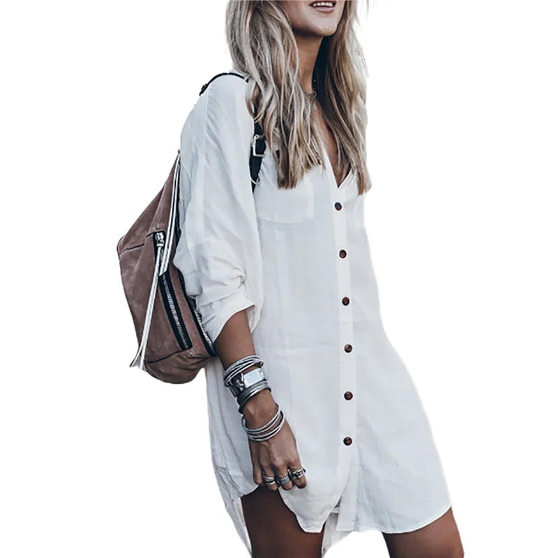 

Новинка 2021, однотонная накидка на бикини Meihuida, женская рубашка с рукавом 3/4, v-образным вырезом и асимметричным подолом, на пуговицах, летняя ...