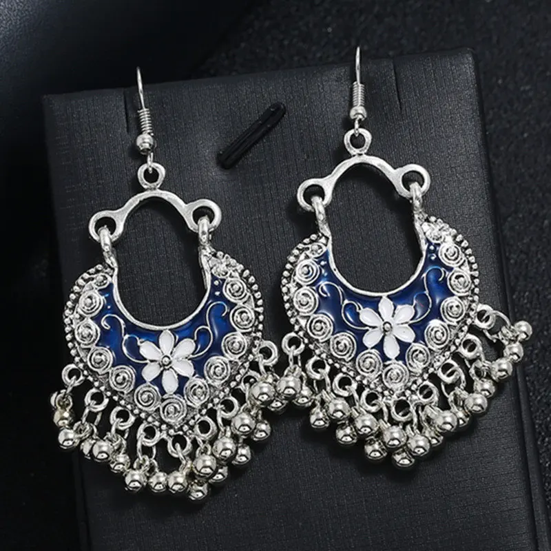 H blue Индийские Jhumka серьги «Слоник» цыганские ювелирные изделия в стиле ретро этнические бусины в античном стиле висячие серьги с кисточками для женщин богемный подарок - Окраска металла: H blue