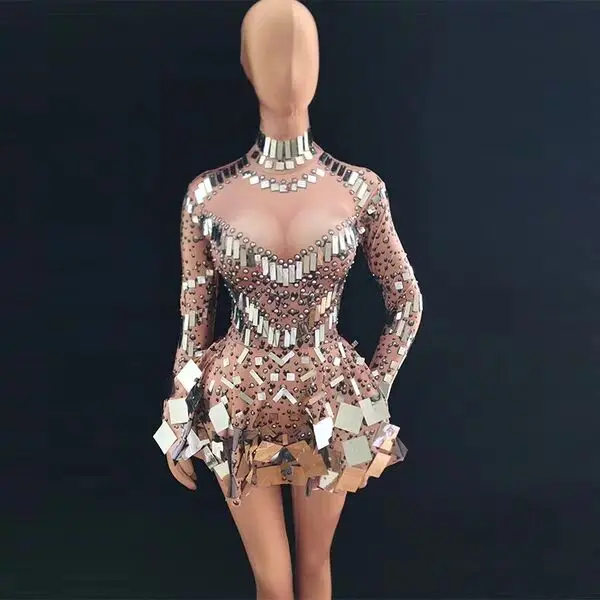 Incarnadine-vestido de lentejuelas plateadas brillantes, traje de diamantes de imitación, para baile de escenario