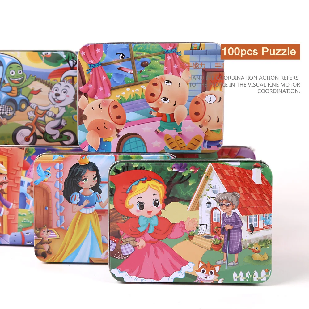 

10set 100pcs/set Cartoon Fairy Tales Digital Puzzle Iron Box Wooden Jigsaw Puzzles Children Early Education Wood Interactive Toy