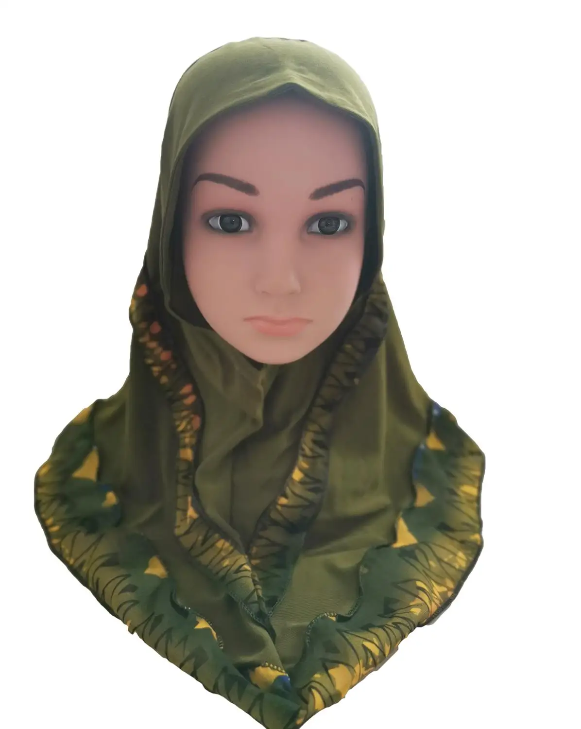 olive green Модный детский мусульманский шарф с цветочным рисунком для девочек, арабские шали, шапки, арабский головной платок, головной убор, шапки, лоскутные, новинка - Цвет: olive green