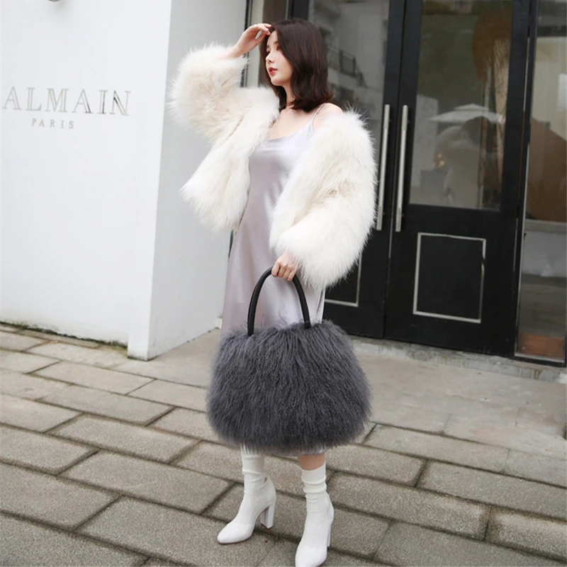 Brand Fur Handbags Large Women Genuine Leather Shoulder Bags Feminine Messenger Bag Fleece Velvet Beach Wool Women Bolsa Travel