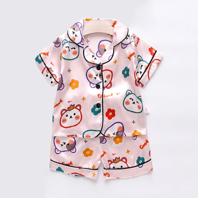 Baby Girl Boy Pajamas Set Silk Satin Pyjamas Children's Clothing Sets Short Sleeve Blouse Top + Shorts Sleepwears Kids Home Wear