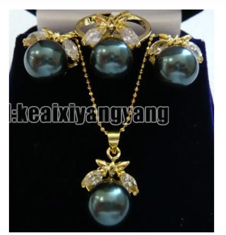 Yellow Gold plate Black Shell Pearl CZ Pendant Earring Ring AAA style Fine Noble real Natural | Jewelry Sets