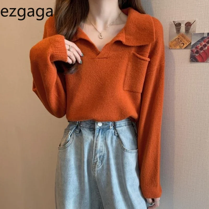 Свитер женский Ezgaga Повседневный с отложным воротником длинными рукавами