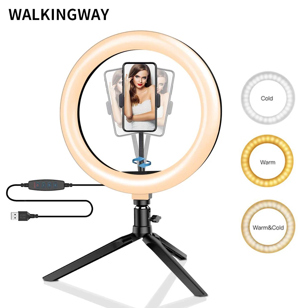 Anel de Luz Lâmpada com Tripé para Maquiagem Fotografia Iluminação Regulável Selfie Rgb Youtube Tiktok Telefone Câmera Vídeo 10 Led 26cm
