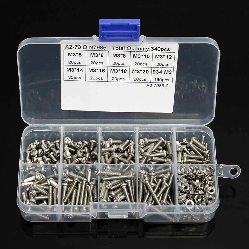 

340pcs M3 Hex Flat Screw Nut Set Galvanized Cross Head Bolt Nuts Assortment Kit