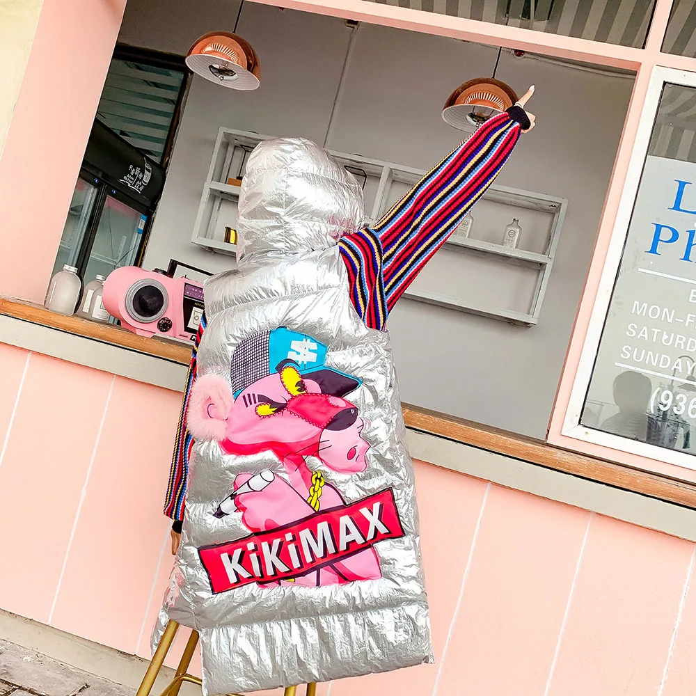 Осенне зимние женские жилетки с капюшоном и принтом из мультфильмов длинная