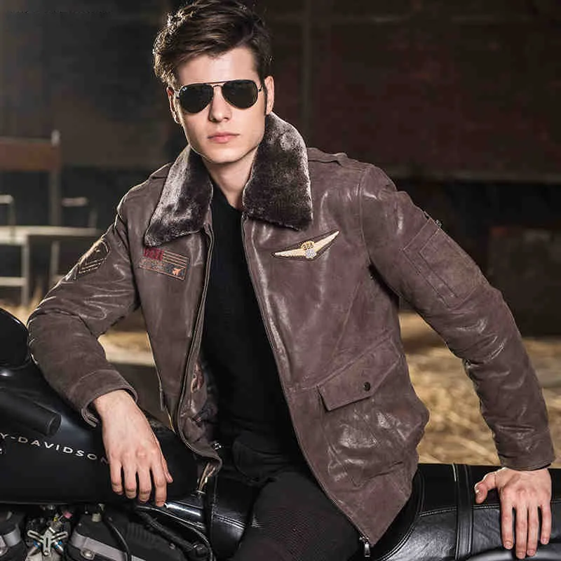 

Vintage Winter Motorcycle Short Jacket Men Detachable Collar Zipper Genuine Leather Jacket Streetwear Pigskin Coat Plus Size 5XL