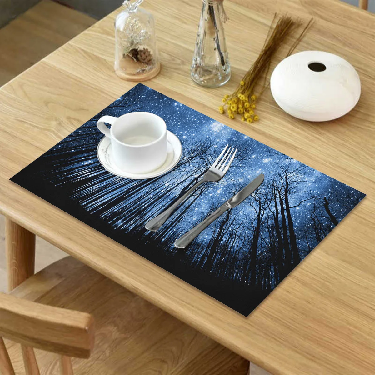 Белый коврик для обеденного стола с изображением звезд леса неба черной Луны