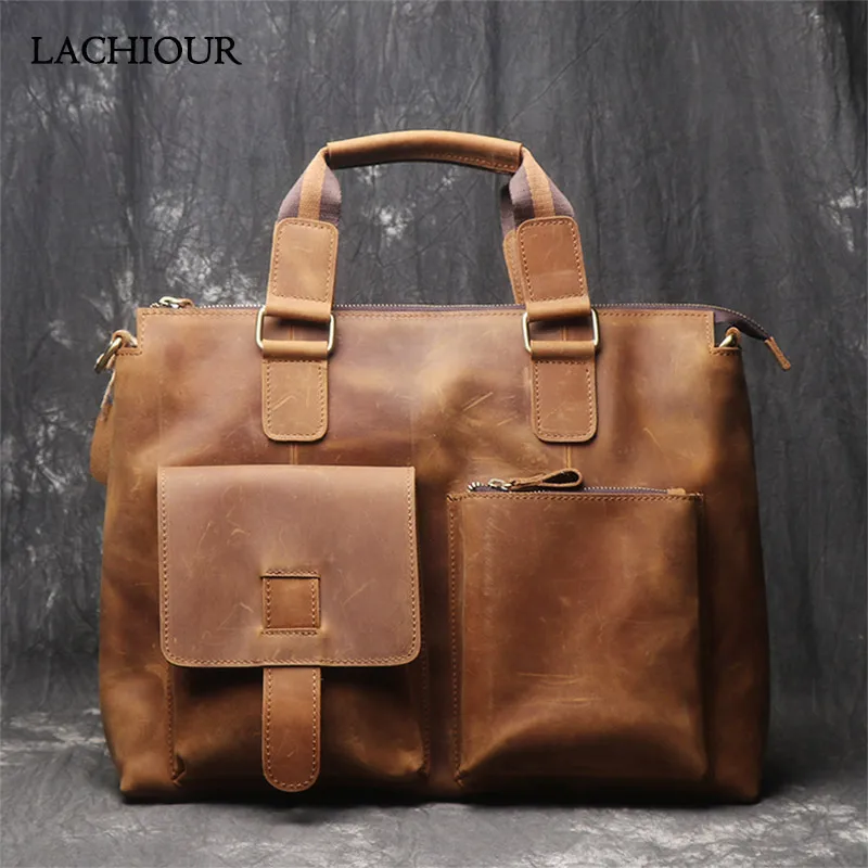 Vintage Men Genuine Leather Handbag Large Business Office A4 Bag Men Crazy Horse Leather Messenger Bag Men's 14 Inch Laptop Bag