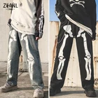 Джинсы мужские прямые с высокой талией, Модные свободные брюки из денима, уличная одежда с принтом скелета, брюки-султанки для Хэллоуина, черные