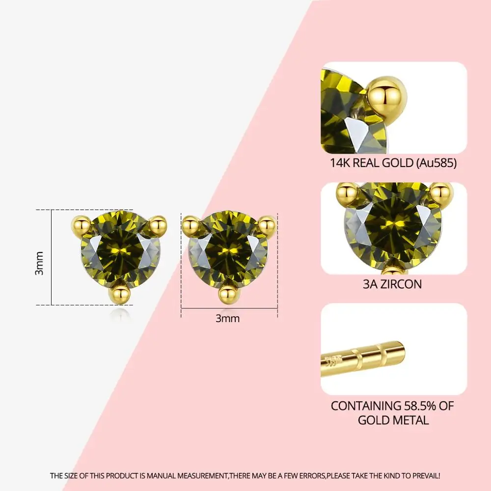 Gem&Time Exquisite Real 14K Gold 3 Prong Green Gemstone Stud Earrings for Women Yellow Gold Earrings Fine Jewelry Gift E14137