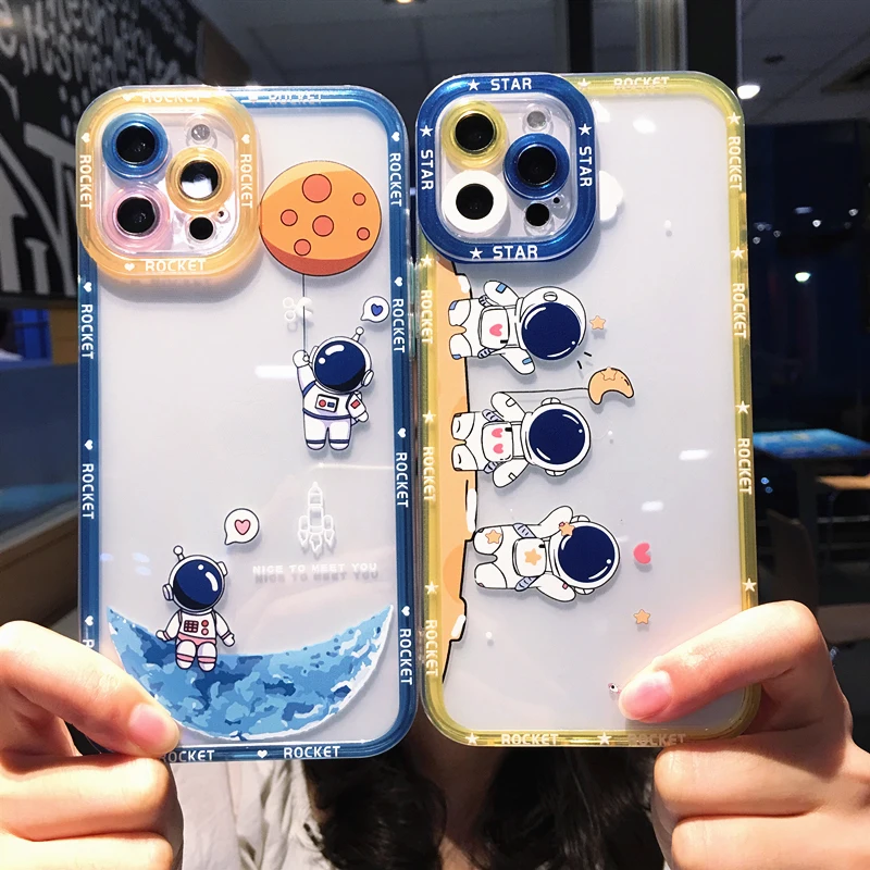 Cute Cartoon Astronaut Planet Phone Case For iPhone 14 Pro Max 13 12 11 X XS XR 7 8 Plus SE 3 Transparent Soft Shockproof Cover