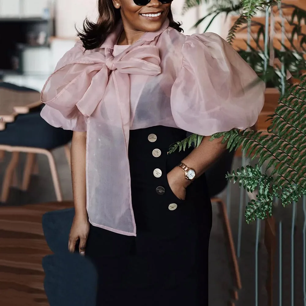 Женская розовая блузка с галстуком бабочкой рубашки размера плюс в африканском