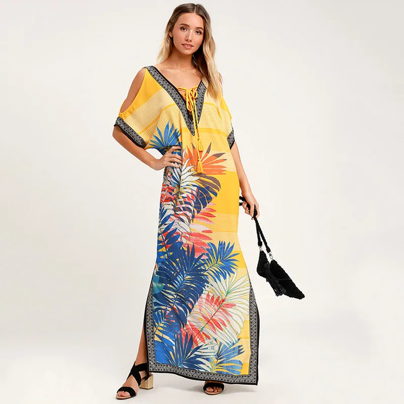 New Loose Holiday Women Tunic Off-The-Shoulder Positioning Print Robe Flower Dress Beach Blouse Female Swimsuit Bikini Cover Up