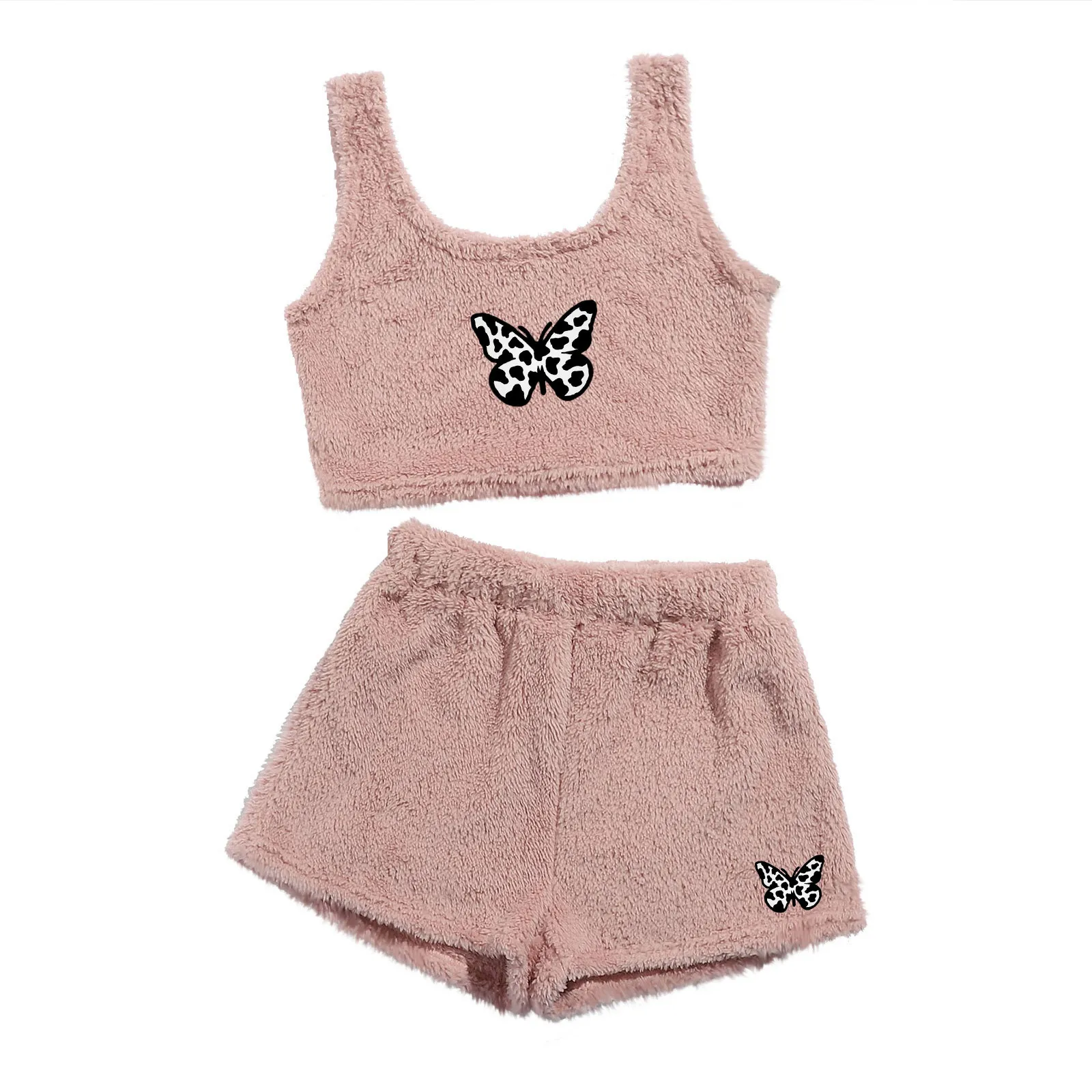 

Women's Warm Homewear Butterfly Printing O-neck Pullover Leisure Vest Crop Tops + Shorts Set Ladies Summer/Autumn Clothing Suits